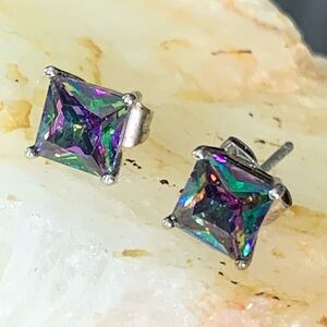 1/4" 6mm Silver Plated Mystic Rainbow Fire Topaz Stud Earring / Princess Cut